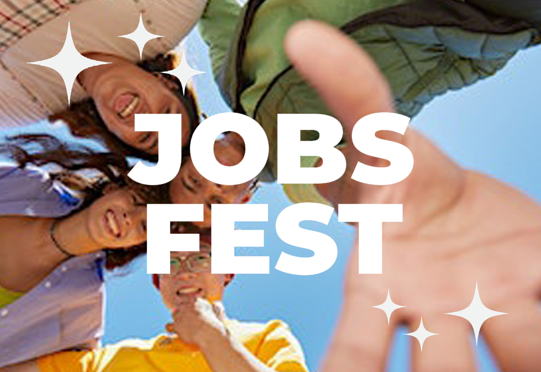 Four young people smiling and looking down with the words jobs fest written across the image