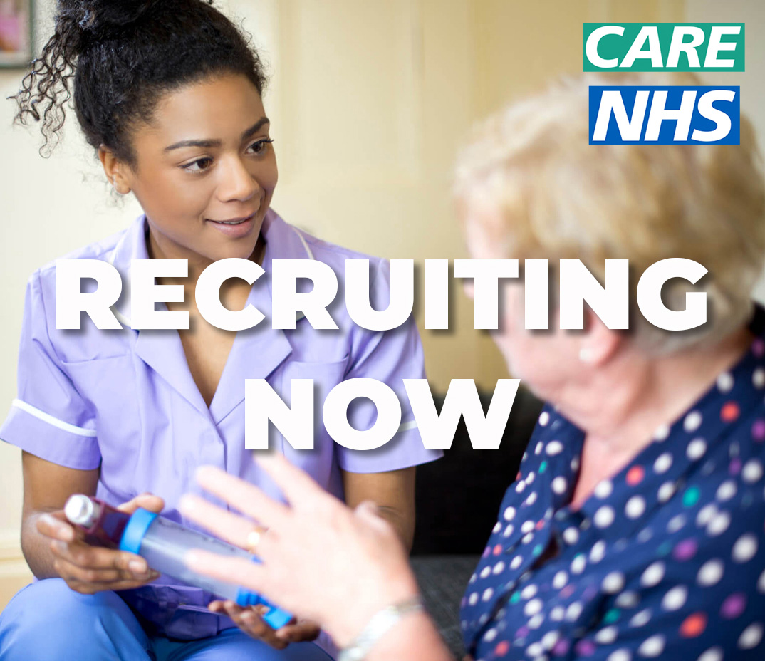 Young BAME female nurse supporting elderly patient with NHS logo and text in white