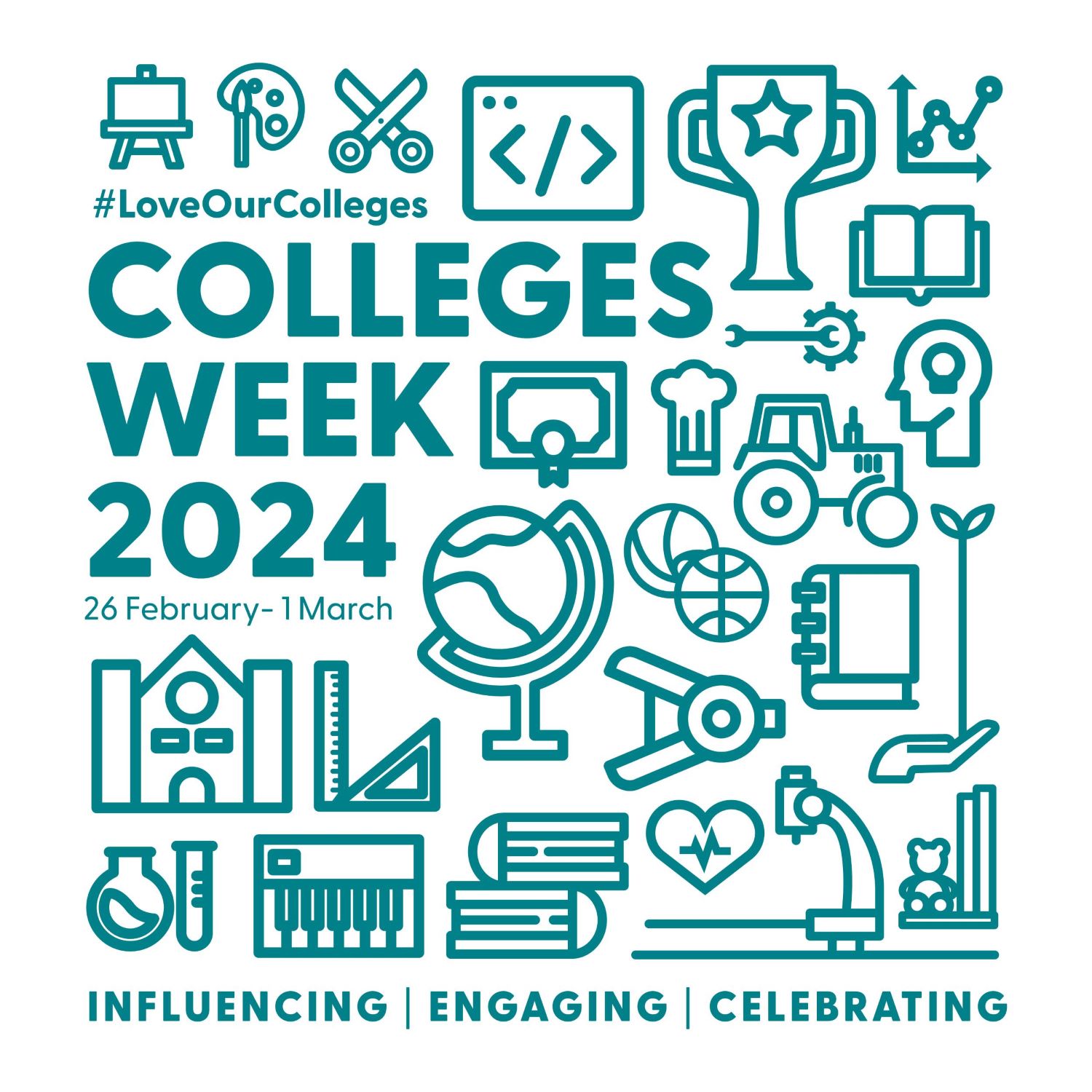 Multiple illustrations in green on white background promoting colleges week 2024