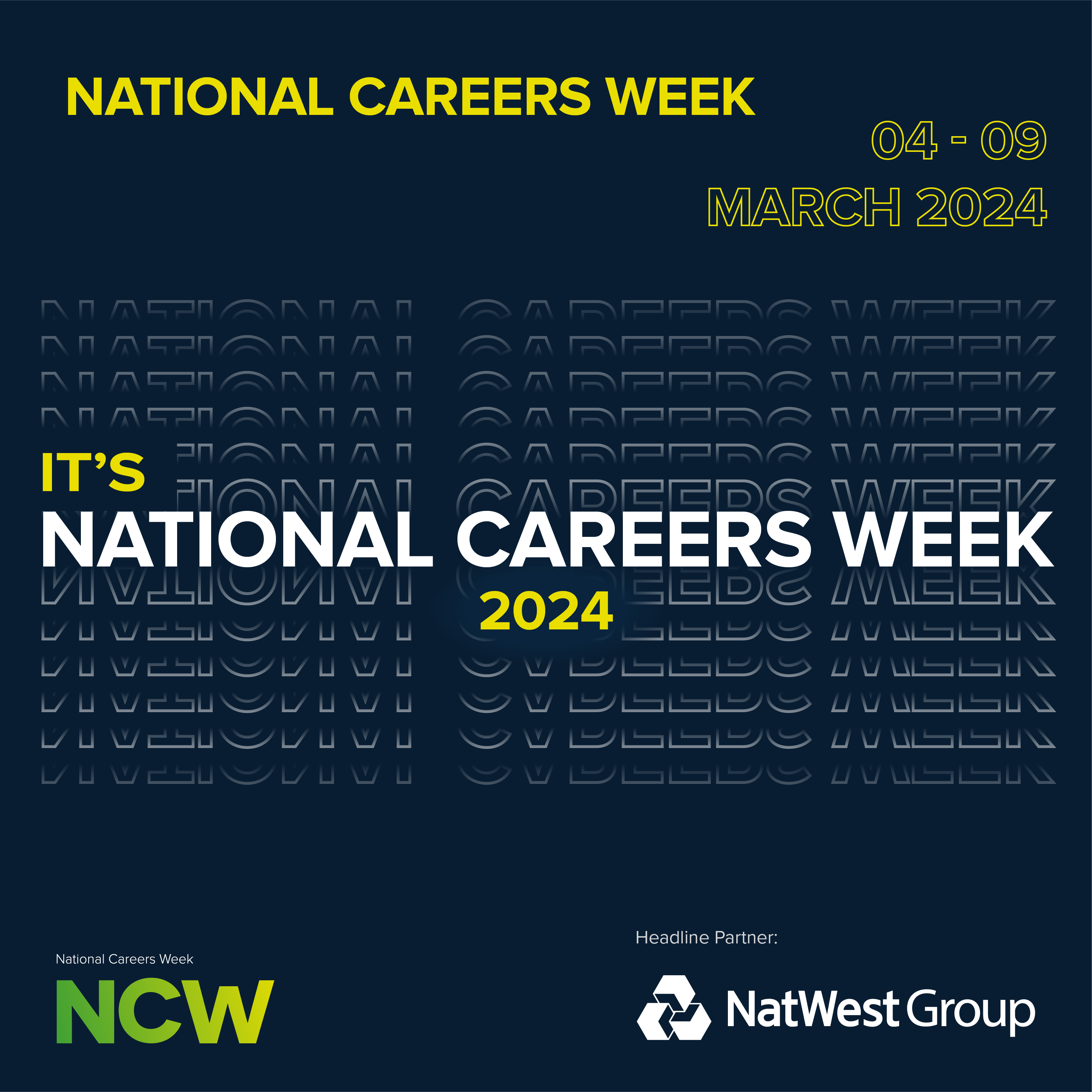 white and yellow text on navy blue background promoting national apprenticeship week 2024
