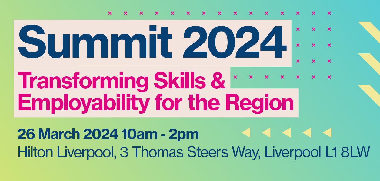 Multi coloured banner with text in blue and pink supporting summit 2024