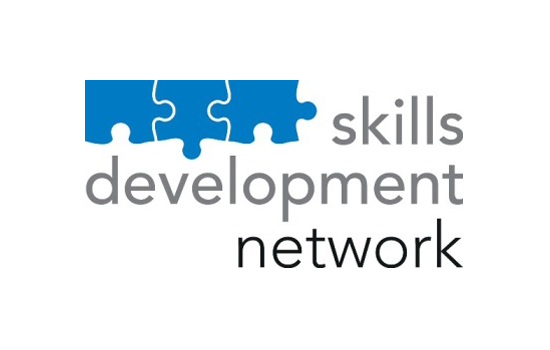 Skills development network logo in black text on white background with blue jigsaw pieces