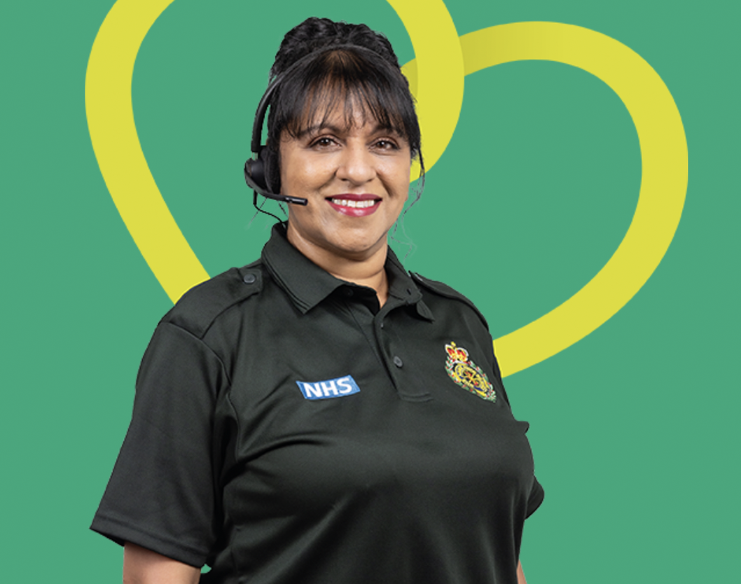 Ambulance service call handler wearing a headset on green background with yellow heart graphic