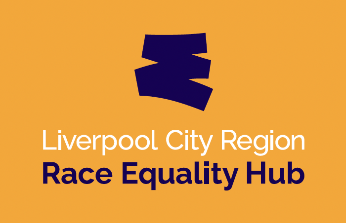 LCR Race equality hub logo - dark blue on orange background