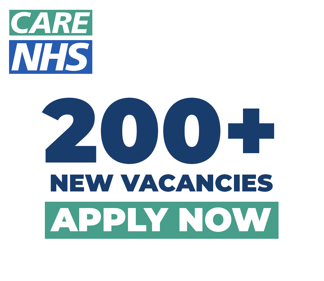blue text promoting 200 NHS vacancies apply now text - white on green background