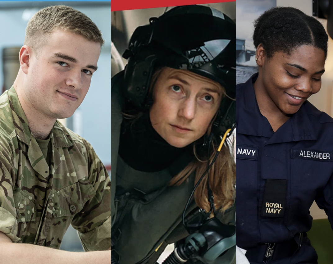 Male army officer, female pilot and female naval officer