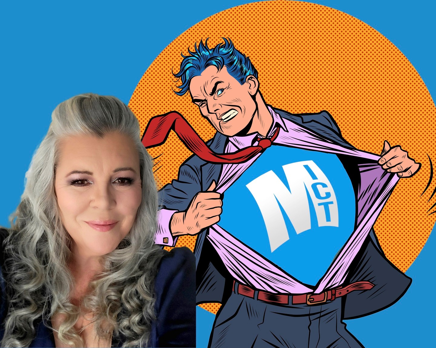 Female with blond hair pictured in front of image of super hero
