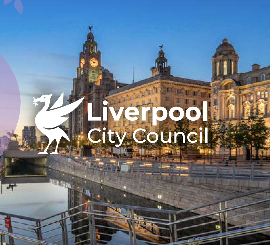 Image of Liverpool City Council logo in white with Liver Building in background