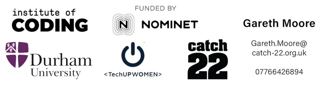 Collage of support logos including, Catch22, Nominet, Durham University and TechUPWOMEN