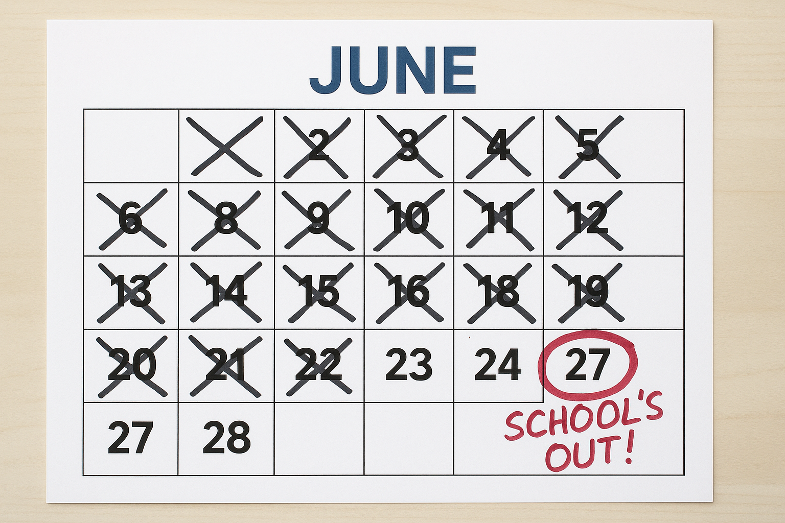 Image of calendar month of June with dates crossed out